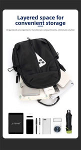 Detail view of black oxford crossbody bag showing 9.7-inch tablet and daily essentials storage