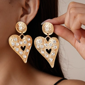 Boucles D'Oreilles Pendantes Coeur En Alliage Et Strass Avec Tige En Argent 925 Sterling Texture Martelée Creuse Mode Retro Femme