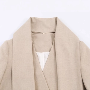 Women's casual scarf collar blazer in beige with detailed woven fabric texture and sharp lapel