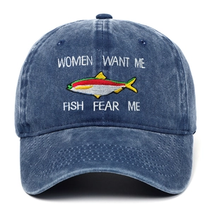Detailed embroidery of fish and humor text on a vintage washed blue denim baseball cap