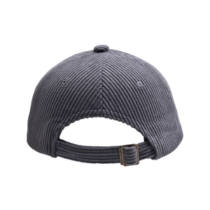 Detail of adjustable metal buckle and corduroy strap on dark gray baseball cap back