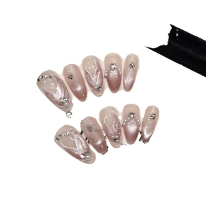 Cat eye almond press on nails with pink gradient, pearls and rhinestones design