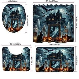 Halloween bathroom set with shower curtain, mats and toilet cover in haunted house design