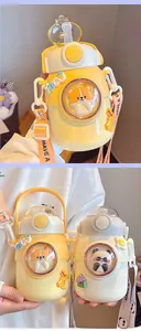 Detail of cute kid straw bottles with strap, panda and corgi styles, pop-up lid close-up