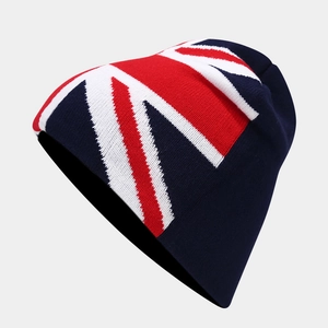 Winter knitted beanie featuring a classic British Union Jack flag pattern for men and women