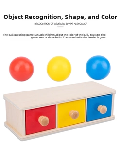 Detail of Montessori wooden toy with red, yellow, blue drawers and matching spheres
