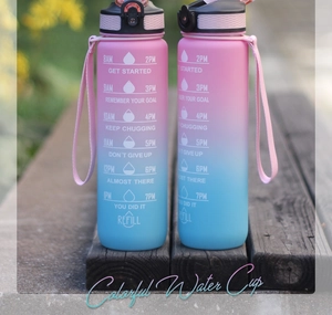 Macro detail of the gradient frost sports water bottle with motivational time markers