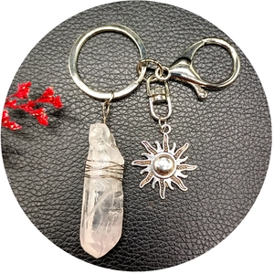 Natural crystal sun keychain with wire-wrapped quartz and bohemian silver metal charms