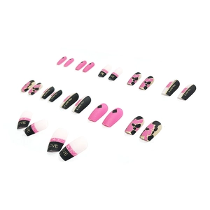 Pink and black press-on nail set with LOVE lettering and geometric patterns