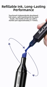 Close-up of refilling dual-tip alcohol markers with blue ink from a professional bottle