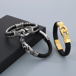 Punk woven leather bracelets for men with retro totem stainless steel clasps