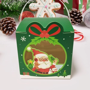 Green Christmas gift box with clear window and cartoon Santa graphics on festive background