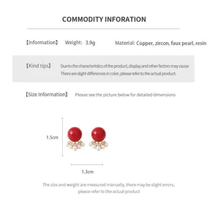 Detailed size chart showing 1.5cm earrings with red resin pearls and zircon accents