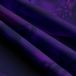 Macro detail of silky printed tapestry showing smooth fabric texture and fine artistic lines