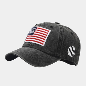 Close-up of USA embroidery and vintage washed texture on the cotton baseball cap