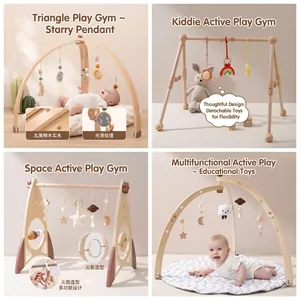 Detail of natural pine wood baby gym set with sensory pendants and moon toys