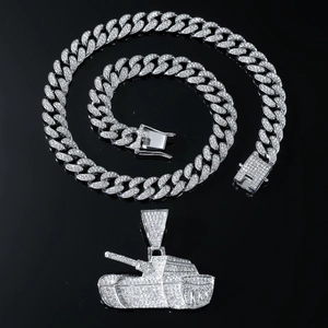 Silver iced out Cuban link chain with sparkling rhinestone tank pendant for men
