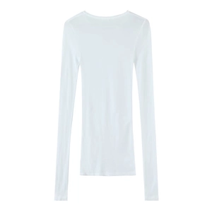 Detailed close-up of a white slim fit cotton long sleeve T-shirt with a round neck
