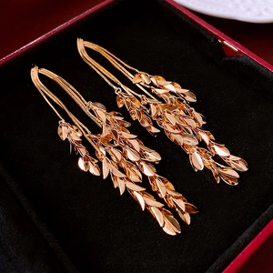 Elegant gold plated wheat ear long tassel earrings with leaf charms in a premium gift box