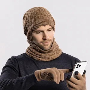 Winter knit set with warm beanie, ribbed neck warmer, and touch screen gloves in camel color