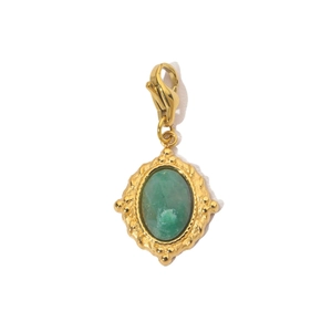 Close-up of gold stainless steel sun pendant with green stone and lobster clasp detail