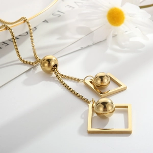 Minimalist gold titanium steel box chain necklace with square pendants and beads