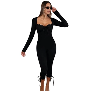 Sexy black lace long sleeve jumpsuit with sweetheart neckline and drawstring details