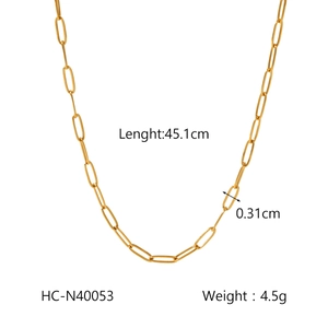 Detail view of 18K gold plated stainless steel paperclip chain with specs and dimensions