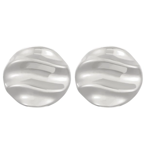 Close-up of polished silver earrings featuring irregular wavy textures and metallic luster