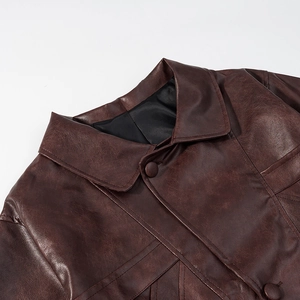 Women's dark brown PU leather jacket with classic lapel and premium stitched details