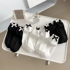 Lolita Cotton Ankle Socks With Ruffle Cuff And Bow Knot Sweet JK Japanese Style Contrast Color Butterfly Relief