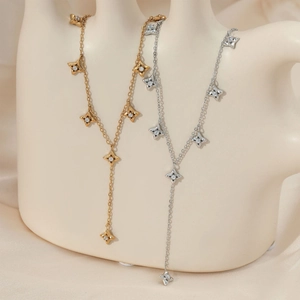 Stainless Steel Y-Shaped Necklace Zircon Four-Pointed Star Pendants Tassel Minimalist Fashion Starburst Elegance For Women