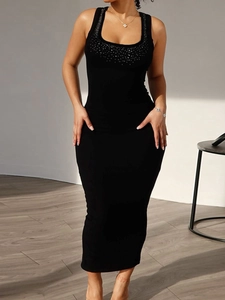 Rhinestone Neckline Ribbed Knit Maxi Dress Sleeveless Bodycon U-Neck Elegant Slim Fit Long Vest Dress For Women