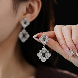 Vintage emerald cut green gemstone drop earrings in S925 silver with pave zircons
