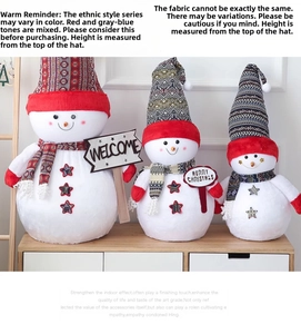 Detailed view of plush Christmas snowmen set with ethnic pattern hats and welcome signs