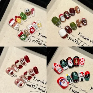 Christmas Press On Nails Handmade 3D Resin Relief Santa Snowman Reindeer Rhinestone Artificial Pearl Exquisite Winter Holiday Party For Women