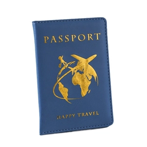 Custodia per passaporto in pelle PU blu con goffratura dorata globo e testo viaggio