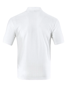 Back view detail of white men's polo shirt featuring subtle square textured mesh fabric