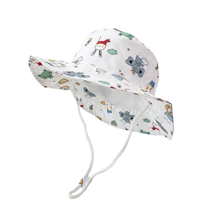 Kids wide brim sun hat with colorful animal print and adjustable windproof chin strap