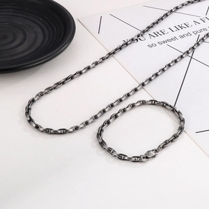 Vintage dark gray titanium steel pig nose chain necklace and bracelet set for men