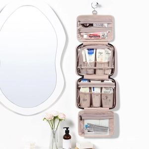 Detail of hanging waterproof toiletry bag with 4-layer compartments and swivel hook