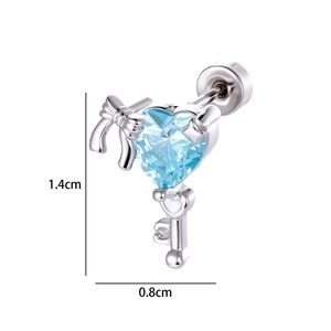 Silver key earring with blue heart zircon and bow tie charm, size 1.4cm by 0.8cm