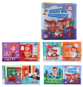 Detailed view of baby cloth book showing colorful career themes like doctor and teacher