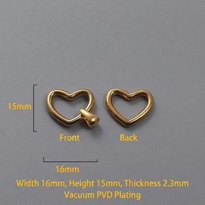 Detail view of 18k gold plated heart pendants with precise 16x15x2.3mm dimensions