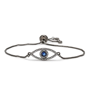 Adjustable gunmetal evil eye bracelet with blue and white cubic zirconia accents
