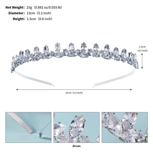 Détails du diadème de mariée argenté avec zircons et dimensions précises indiquées