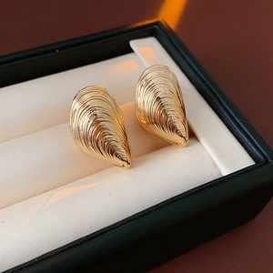 Macro shot of gold mussel shell-shaped textured earrings in a jewelry box