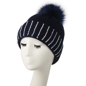 Dark blue winter knit beanie for women with colorful rhinestones and faux fur pompom