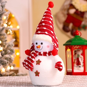 Close-up of plush snowman doll with red striped hat and starry buttons for Christmas decor