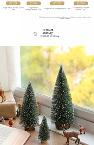 Detailed size chart for mini snow-flocked Christmas trees with natural wood base